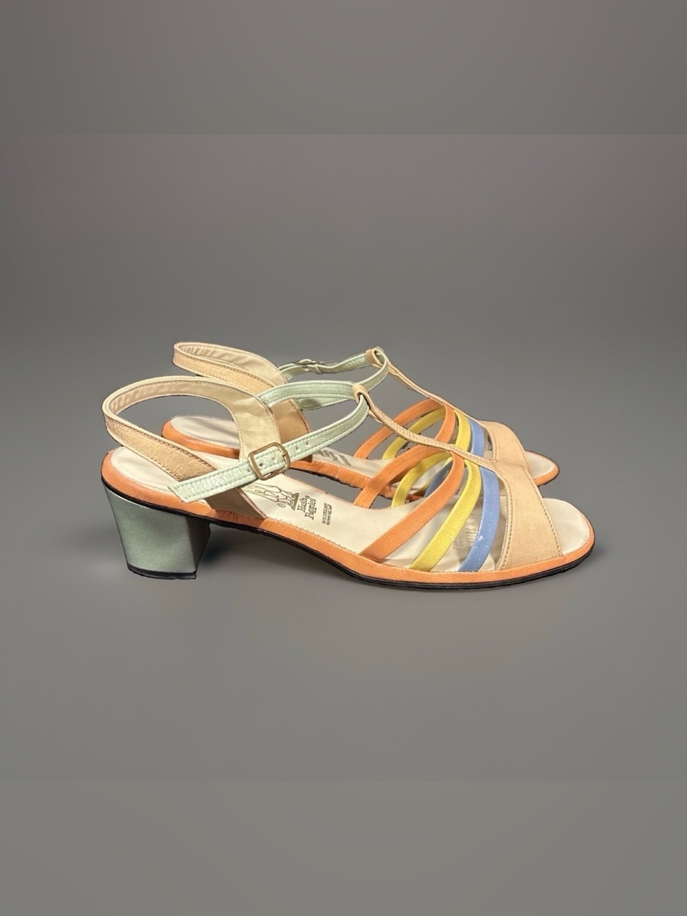 Vintage Hush Puppies T-Strap Multi Color Pastel Block Heel Sandals Size 11